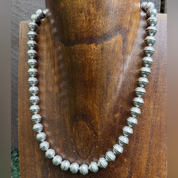 Sterling Silver 10mm Stamped Pearls Bead Necklace. 16 Inch